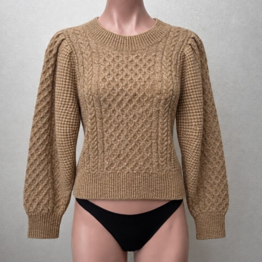Abercombie & Fitch Tan Knit Pleated Puff Shoulder Round Neck Sweater L
